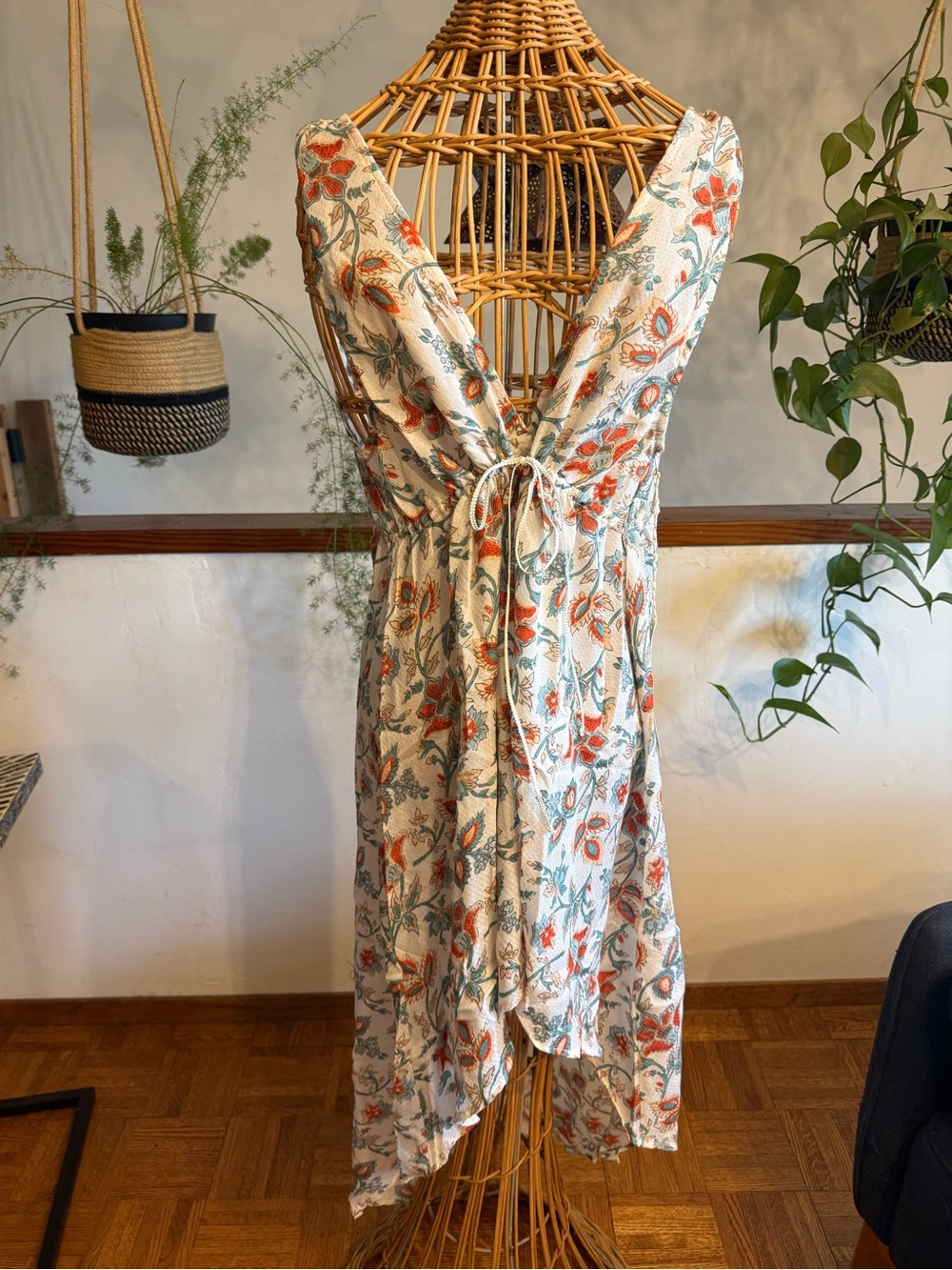 Floral Tie-front Midi Dress in Cream with Orange Accents